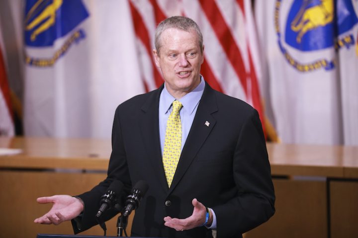 BOSTON, MA: April 16, 2020: Massachusetts Governor Charlie Baker updates the media on Coronavirus in the state during a press conference at the Massachusetts State House in Boston, Massachusetts. (Nicolaus Czarnecki/Pool)