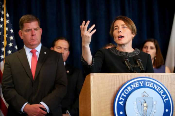 (052918 Boston, MA) AG Maura Healey and Mayor Marty Walsh are joined by business leaders and local advocates to announce a zero tolerance workplace policies on sex buying during a press conference at the AG's office in Boston on Tuesday,May 29, 2018. Staff Photo by Nancy Lane