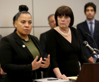 BOSTON MA. - APRIL 29: District Attorneys Rachael Rollins and Marian Ryan take questions during at press conference announcing the filing of a federal lawsuit to block immigration arrests in courthouses on April 29, 2019 in Boston, MA.  (Staff Photo By Nancy Lane/MediaNews Group/Boston Herald)