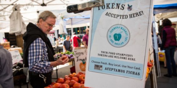 NEW YORK, NY - SEPTEMBER 18:  A sign displays that a shop accepts Electronic Benefits Transfer (EBT), more commonly known as Food Stamps, in the GrowNYC Greenmarket in Union Square on September 18, 2013 in New York City. According to a Gallup poll released earlier this month, 20% of American adults struggled to buy enough food at some point in the last year. The rate of hungry people in America has gone relatively unchanged since 2008, suggesting the economic recovery since the 2008 recession may be disproportionately affecting the wealthy. More than 50 of GrowNYC's Greenmarket's now accept EBT; over $800,000 in sales were complete with EBT payment at the Greenmarket's in 2012. GrowNYC is also currently offering a program known as Health Bucks: for ever $5 spent using EBT at a Greenmarket, GrowNYC provides an additional $2, which can be spent specifically on fresh fruits and vegetables.  (Photo by Andrew Burton/Getty Images)