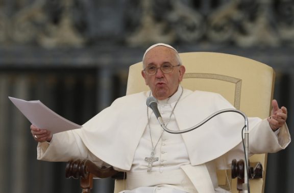 Pope Francis leads his general audience in St. Peter's Square at the Vatican Oct. 21. (CNS photo/Paul Haring) See POPE-AUDIENCE-FIDELITY Oct. 21, 2015.